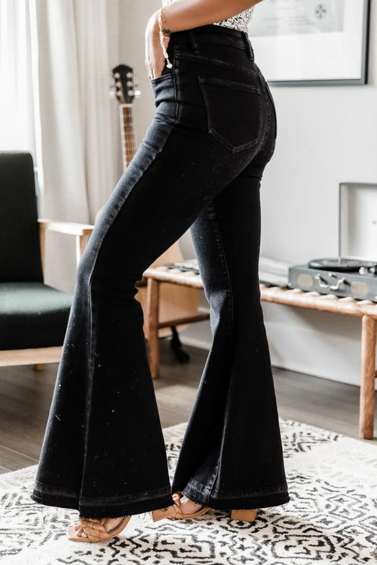 Camille Black Frayed Hem Flare Jeans