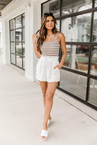 Memory Lane Taupe Square Neck Ribbed Stripe Bodysuit