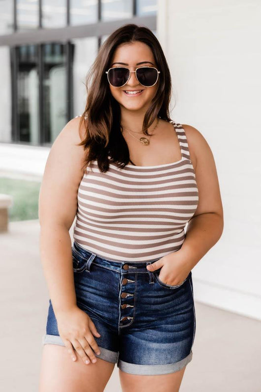 Memory Lane Taupe Square Neck Ribbed Stripe Bodysuit
