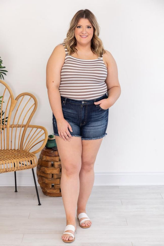 Memory Lane Taupe Square Neck Ribbed Stripe Bodysuit