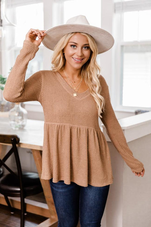 Chance To Shine Tan Peplum Waffle Knit Blouse