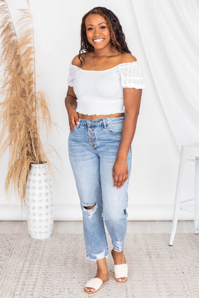 Passport To Paris White Smocked Eyelet Blouse