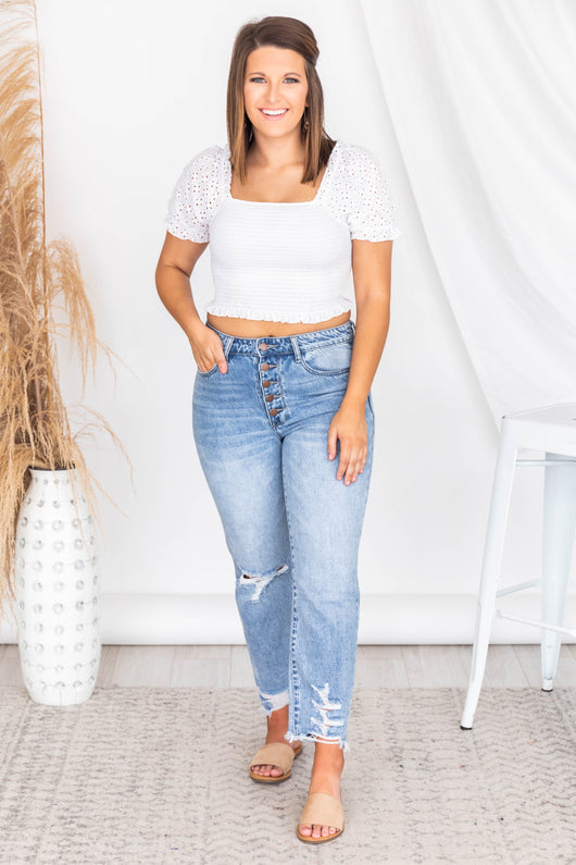 Passport To Paris White Smocked Eyelet Blouse