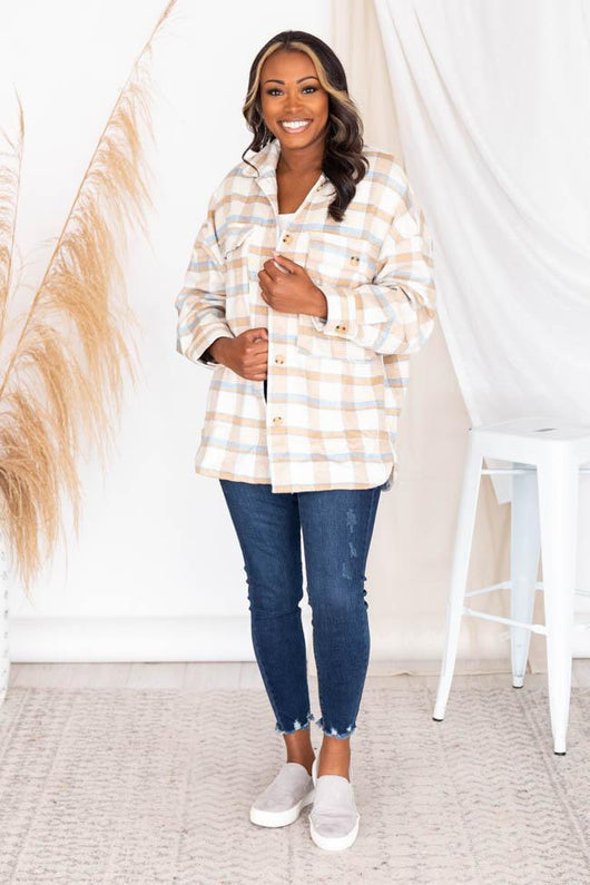 Meet You Outside Tan/Blue Plaid Shacket