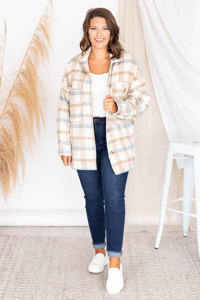 Meet You Outside Tan/Blue Plaid Shacket