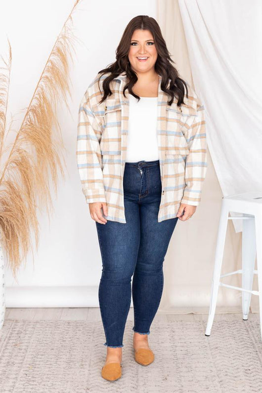 Meet You Outside Tan/Blue Plaid Shacket