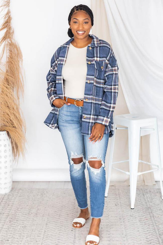 Meet You Outside Navy Plaid Shacket