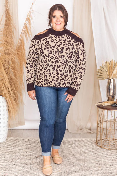 Mesmerized Beauty Brown Leopard Cold Shoulder Sweater