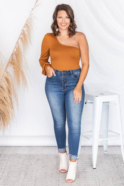 After Hours One Shoulder Camel Bodysuit