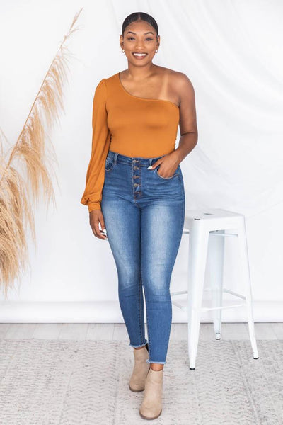After Hours One Shoulder Camel Bodysuit