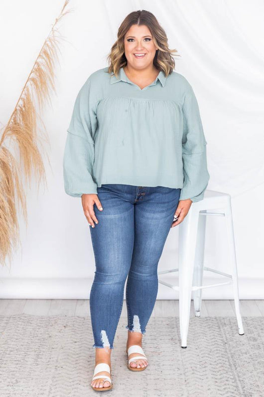 My Only Dedication Sage Balloon Sleeve Blouse FINAL SALE