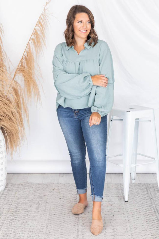 My Only Dedication Sage Balloon Sleeve Blouse FINAL SALE