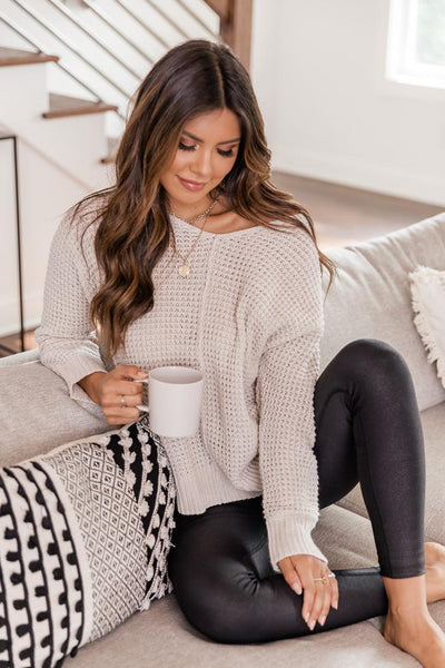 Only Destiny Taupe Waffle V-Neck Sweater