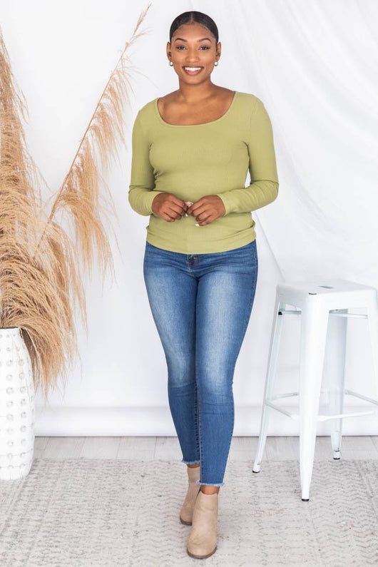 Farewell Song Olive Square Neck Ribbed Blouse