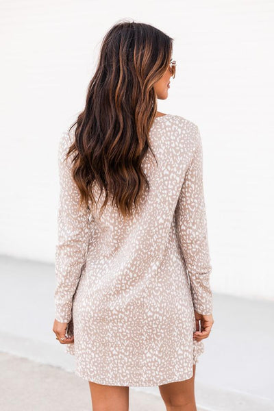 Casual Sunday Taupe Long Sleeve Animal Print T-Shirt Dress