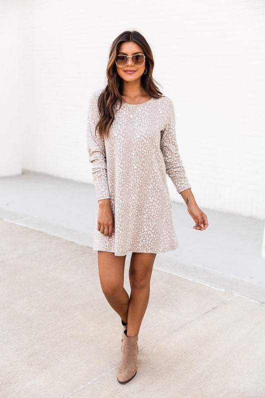 Casual Sunday Taupe Long Sleeve Animal Print T-Shirt Dress