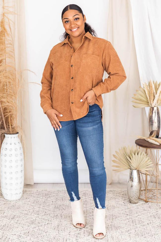 Heartfelt Story Camel Button Up Corduroy Shacket