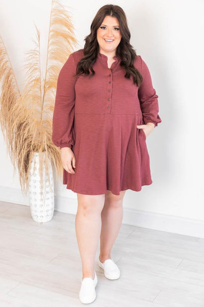 Lasting Daydream Brick Henley Babydoll Ribbed Dress