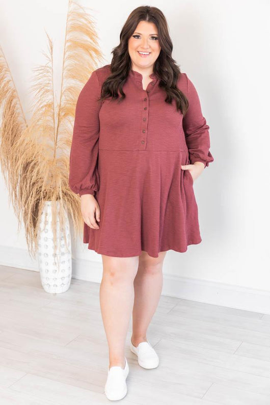 Lasting Daydream Brick Henley Babydoll Ribbed Dress