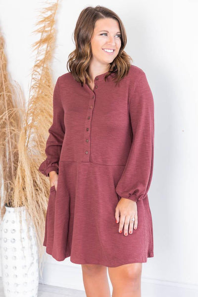 Lasting Daydream Brick Henley Babydoll Ribbed Dress