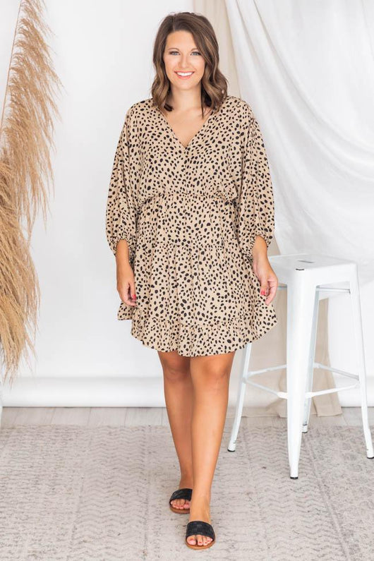 Midnight Till Morning Tan Spotted Long Sleeve Dress