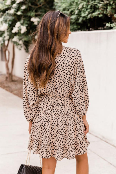 Midnight Till Morning Tan Spotted Long Sleeve Dress