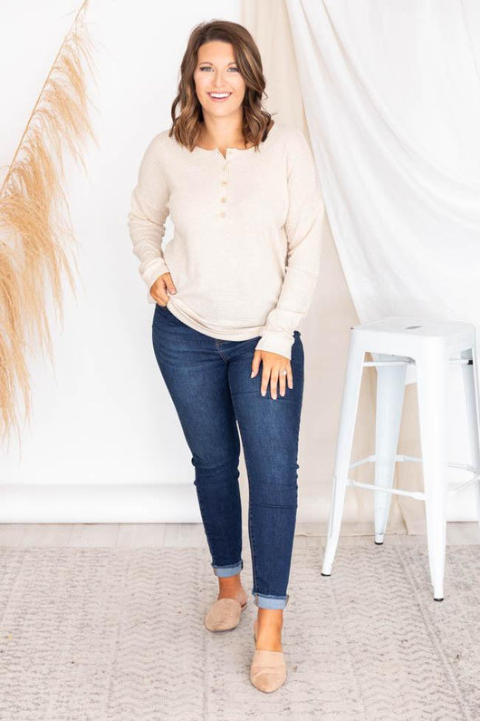 Sincere Letters Oatmeal Waffle Knit Henley Blouse