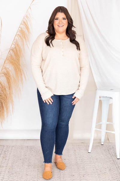 Sincere Letters Oatmeal Waffle Knit Henley Blouse