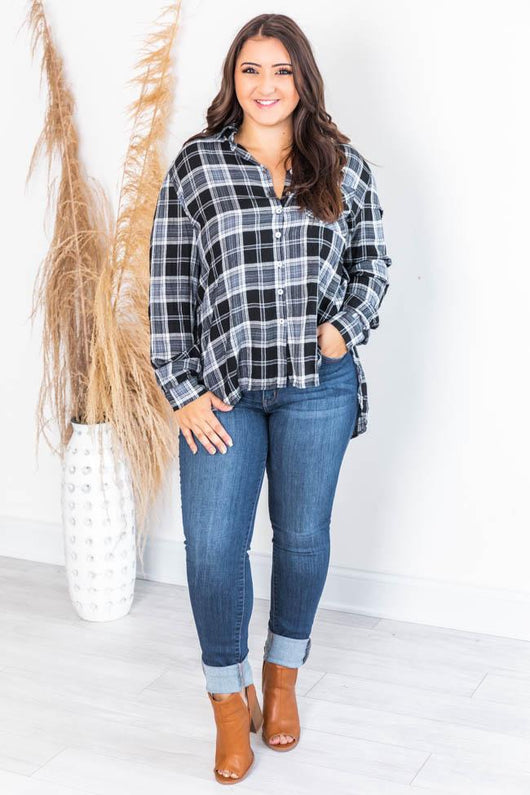Never Give Up Black Lightweight Plaid Button Up Blouse