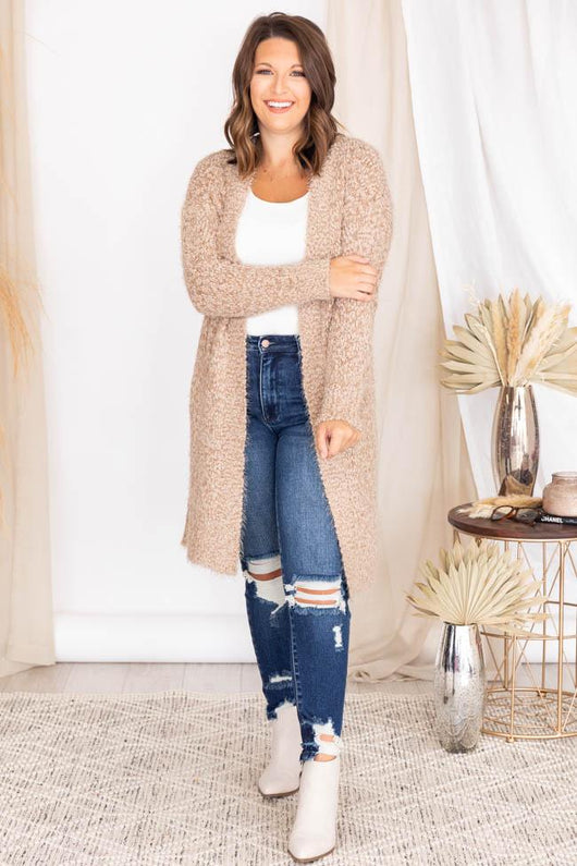 You're A Mind Reader Taupe Fuzzy Cardigan
