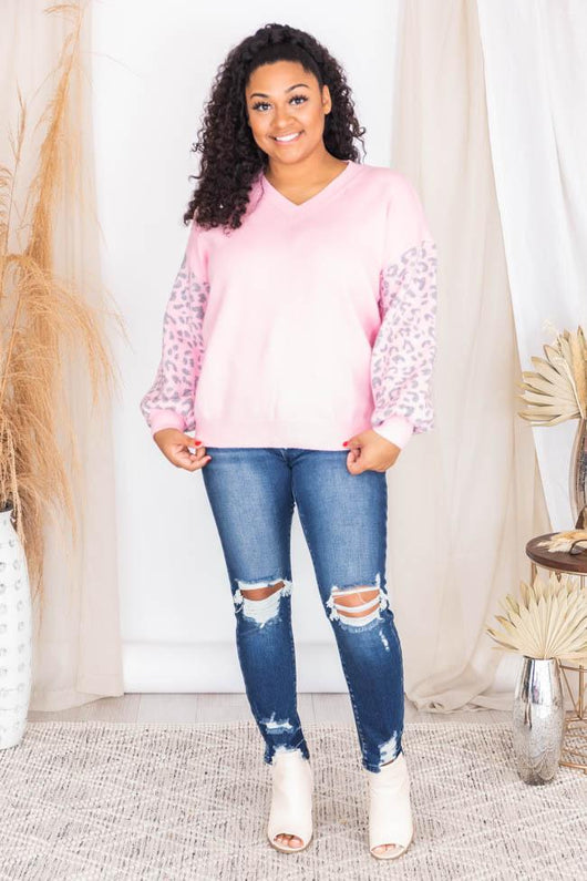 Recommend To You Balloon Sleeve Pink Leopard Print Sweater