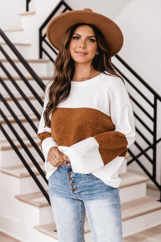 Waiting On The Weekend Camel Colorblock Pullover