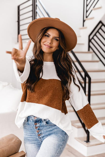 Waiting On The Weekend Camel Colorblock Pullover