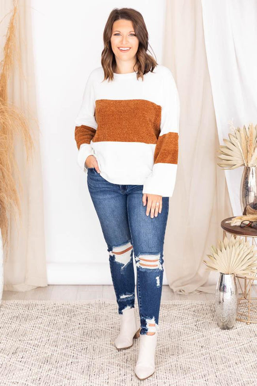 Waiting On The Weekend Camel Colorblock Pullover