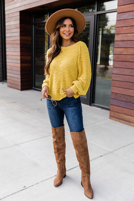 Somewhere Better Mustard Popcorn Sweater FINAL SALE