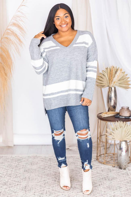 Past Decisions Grey Striped V-Neck Sweater