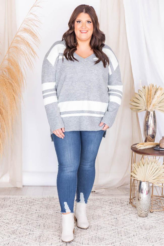 Past Decisions Grey Striped V-Neck Sweater