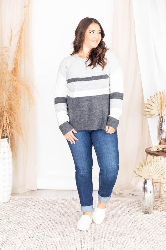 Turning Time Grey Striped Sweater