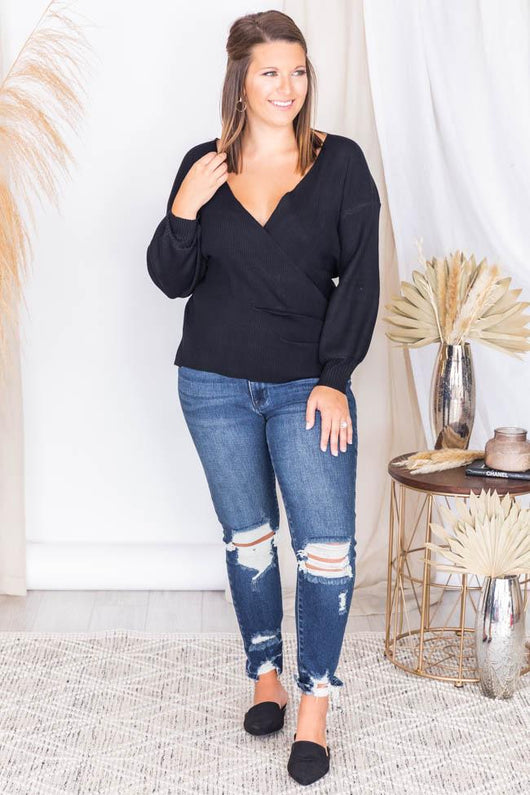 On The Waitlist Black Wrap Sweater