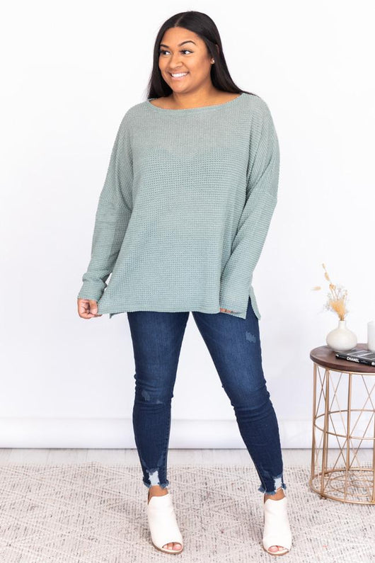 Uniquely Yours Sage Waffle Knit Pullover Blouse