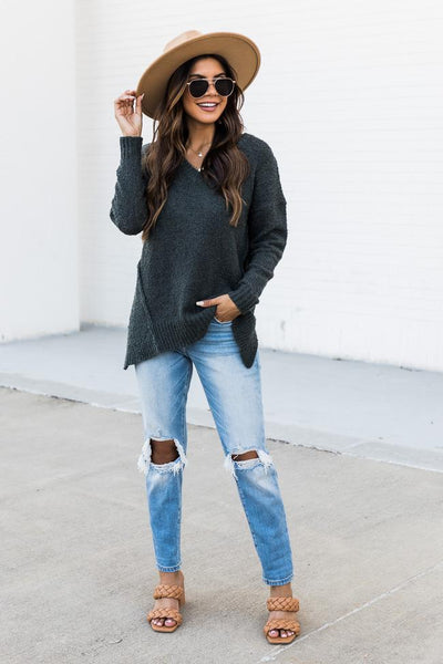 Inspirations Song Grey Popcorn Knit V-Neck Sweater