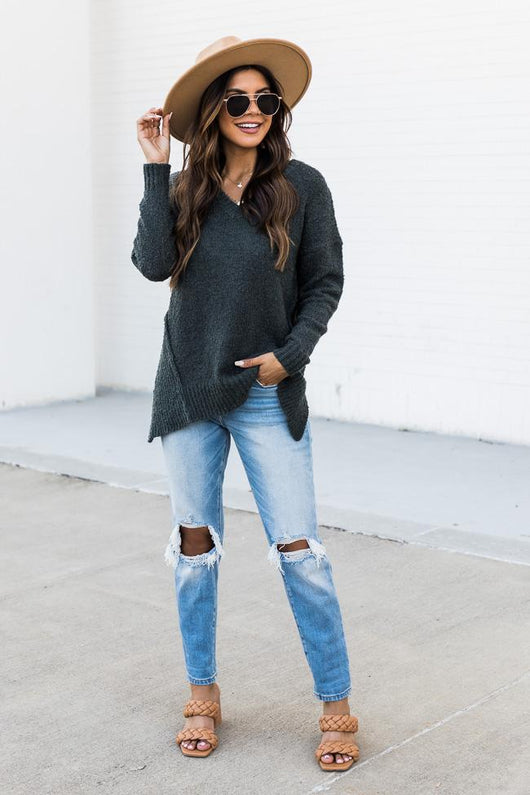 Inspirations Song Grey Popcorn Knit V-Neck Sweater