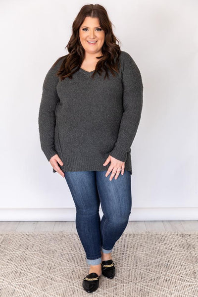 Inspirations Song Grey Popcorn Knit V-Neck Sweater