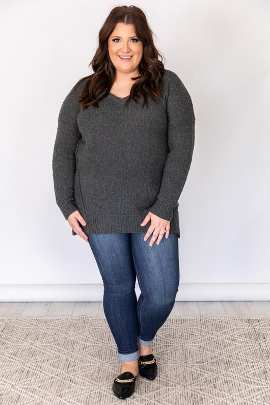 Inspirations Song Grey Popcorn Knit V-Neck Sweater