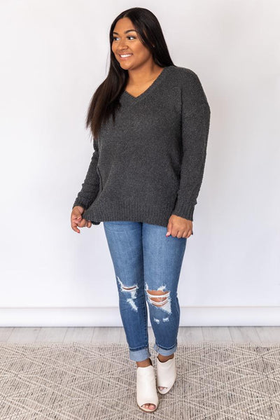 Inspirations Song Grey Popcorn Knit V-Neck Sweater