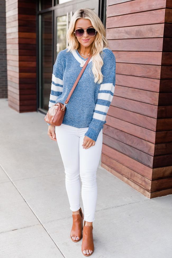 Nostalgic Memory Blue Varsity V-Neck Pullover