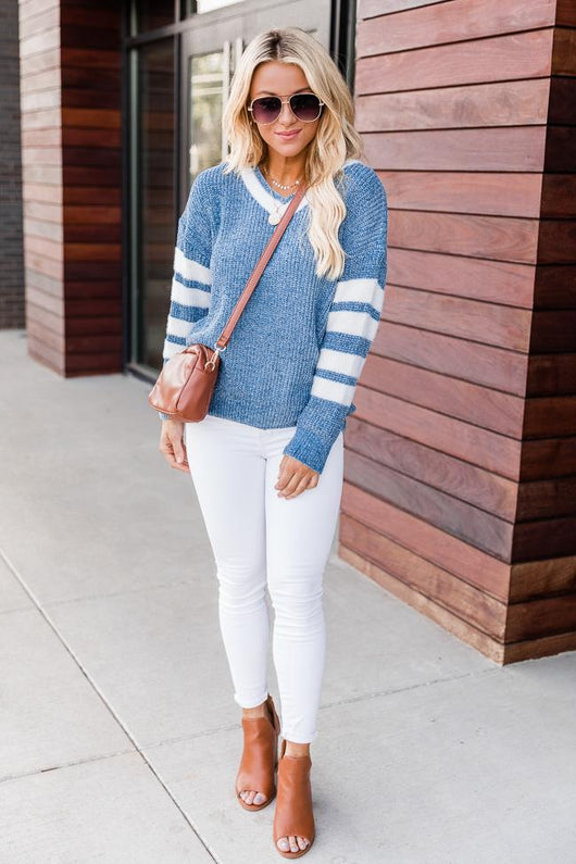 Nostalgic Memory Blue Varsity V-Neck Pullover