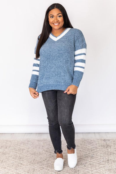 Nostalgic Memory Blue Varsity V-Neck Pullover