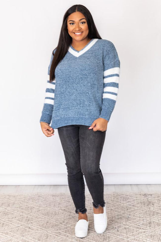 Nostalgic Memory Blue Varsity V-Neck Pullover