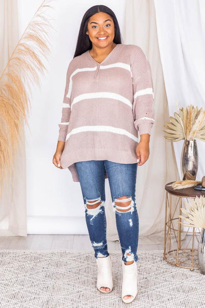 My Best Guess Taupe Striped Henley Sweater